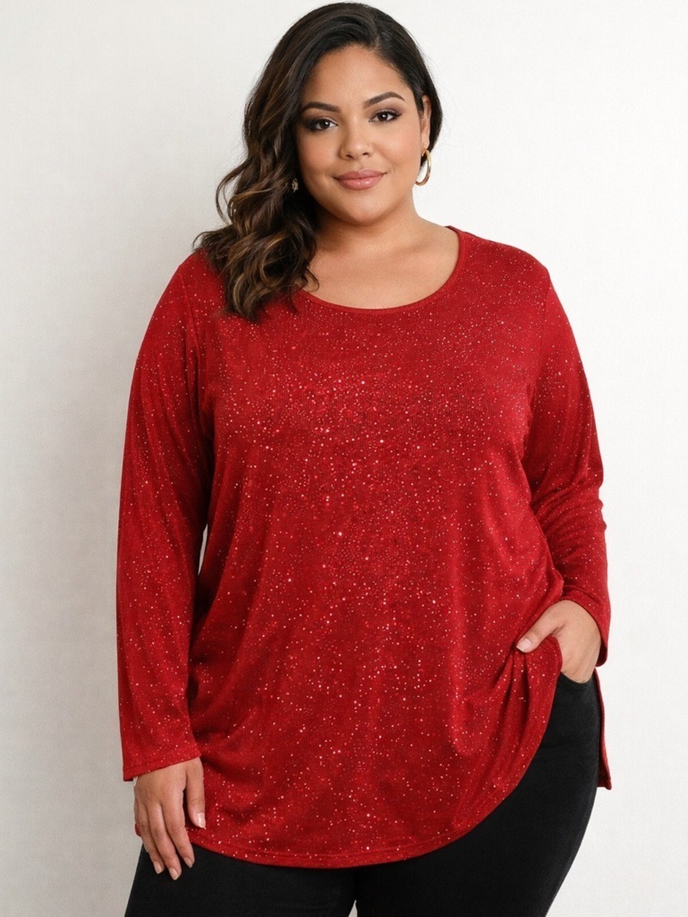 MAXIMA USA long sleeve blouse Woman’s 2X red with silver sparkles vented hem